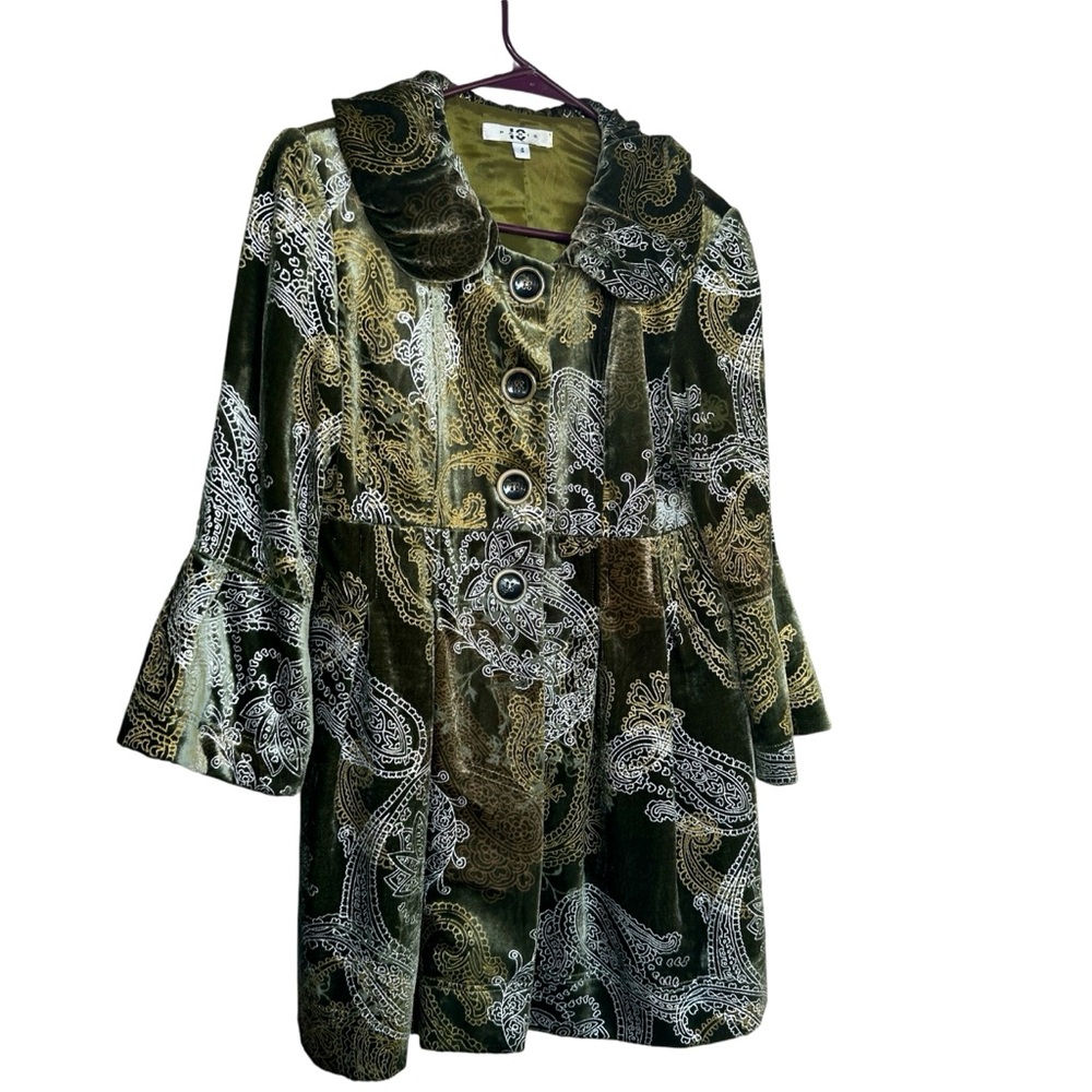 IC Paris Velvet olive Green Silver Paisley Print Silk Blazer Dressy Coat Size 4